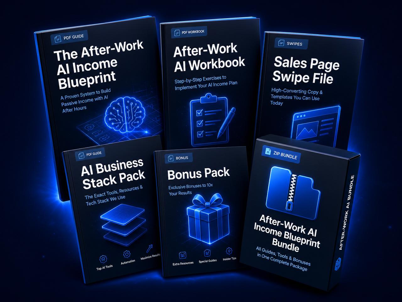 Mockup of the six digital files included in the After-Work AI Blueprint Complete Kit